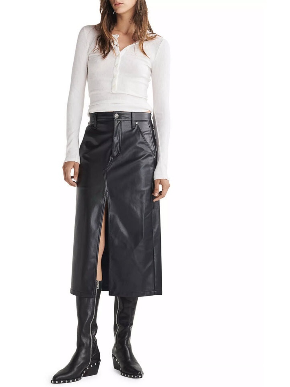 rag & bone Black Faux Leather Midi Skirt with Front Slit